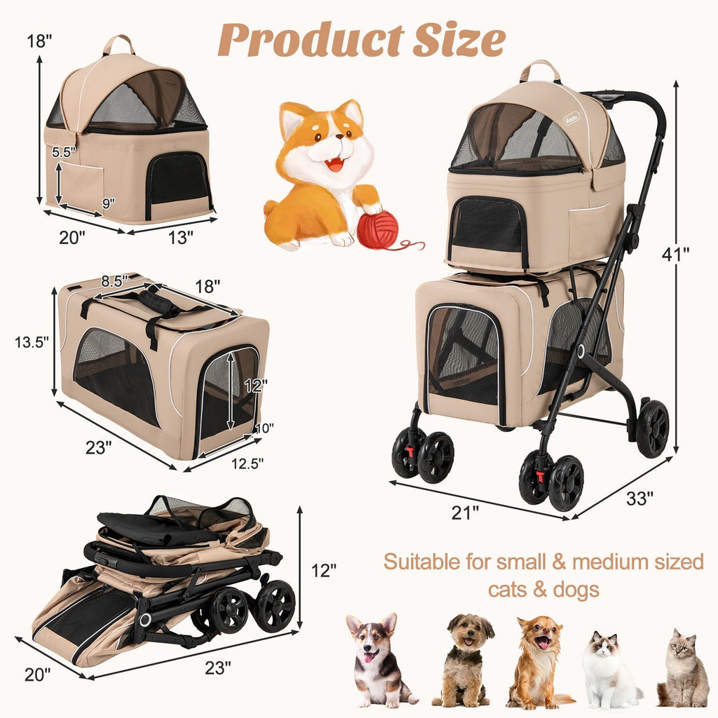 The Flauntly Paws Duo Stroller — Foldable 3-in-1 Double Pet Stroller with Detachable Carriers