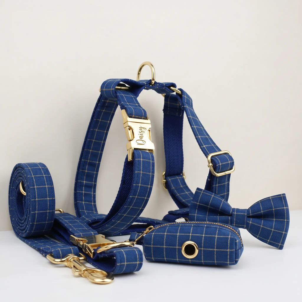Engravable Navy Plaid Dog Matching Set | Collar, Harness, Leash & Bowtie
