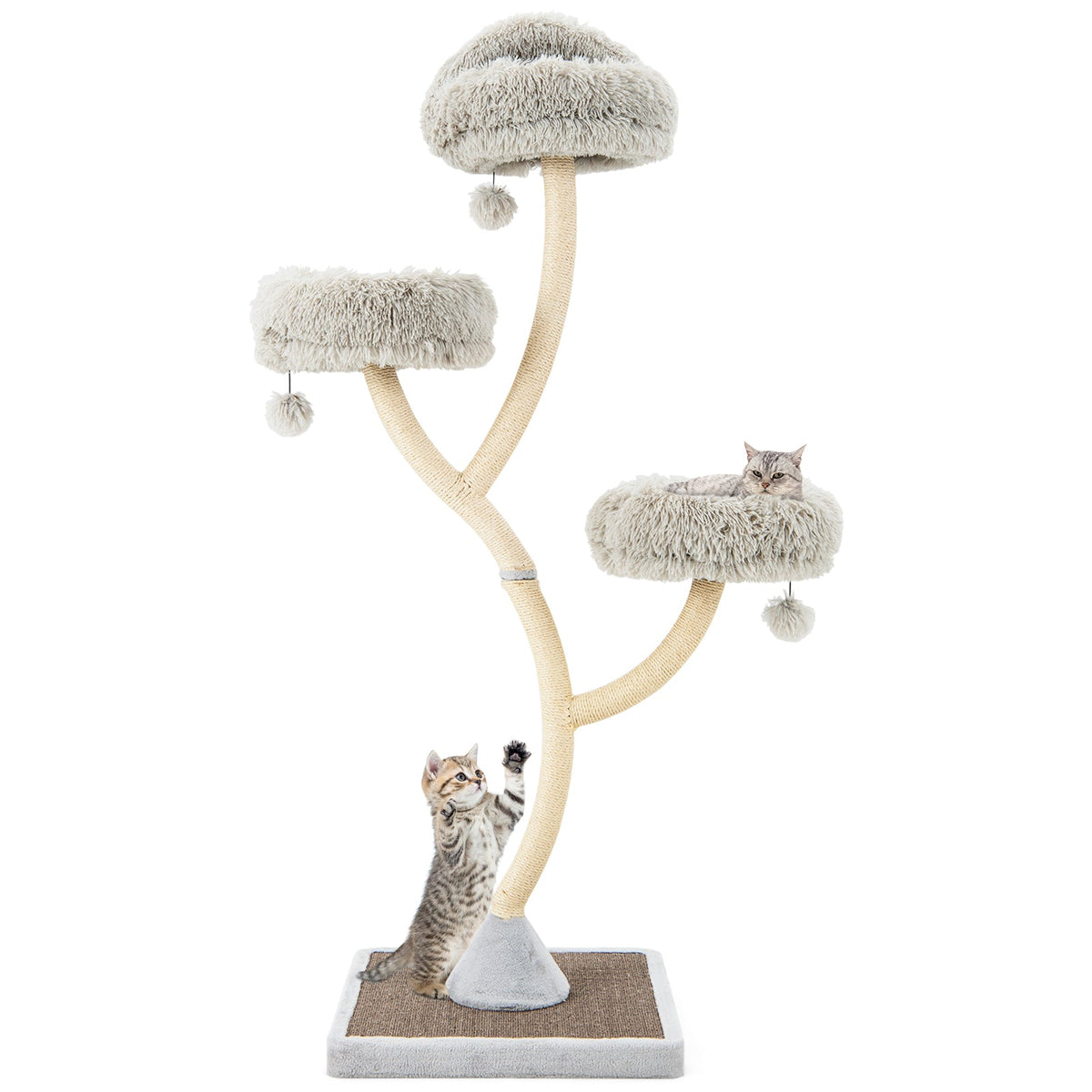 70" Tall Curved Metal Frame Cat Tree — 4-Layer Tower with 3 Cushioned Perches & Sisal Posts (Gray / Beige)