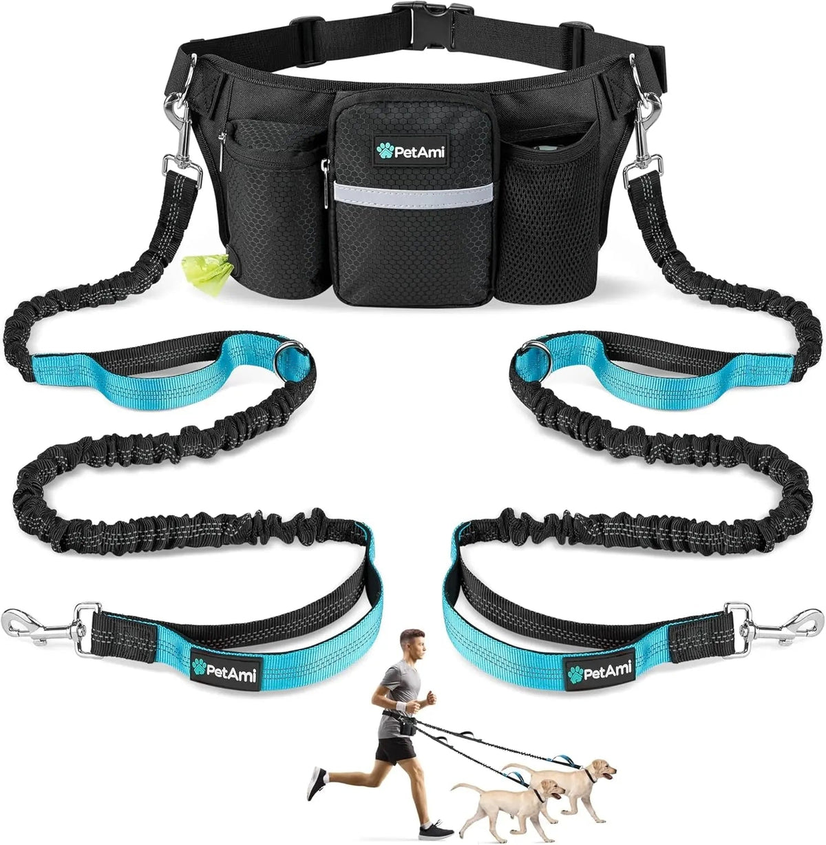 Hands Free Dog Leash Dual Bungee Waist Belt Adjustable Running Walking 2 Dogs