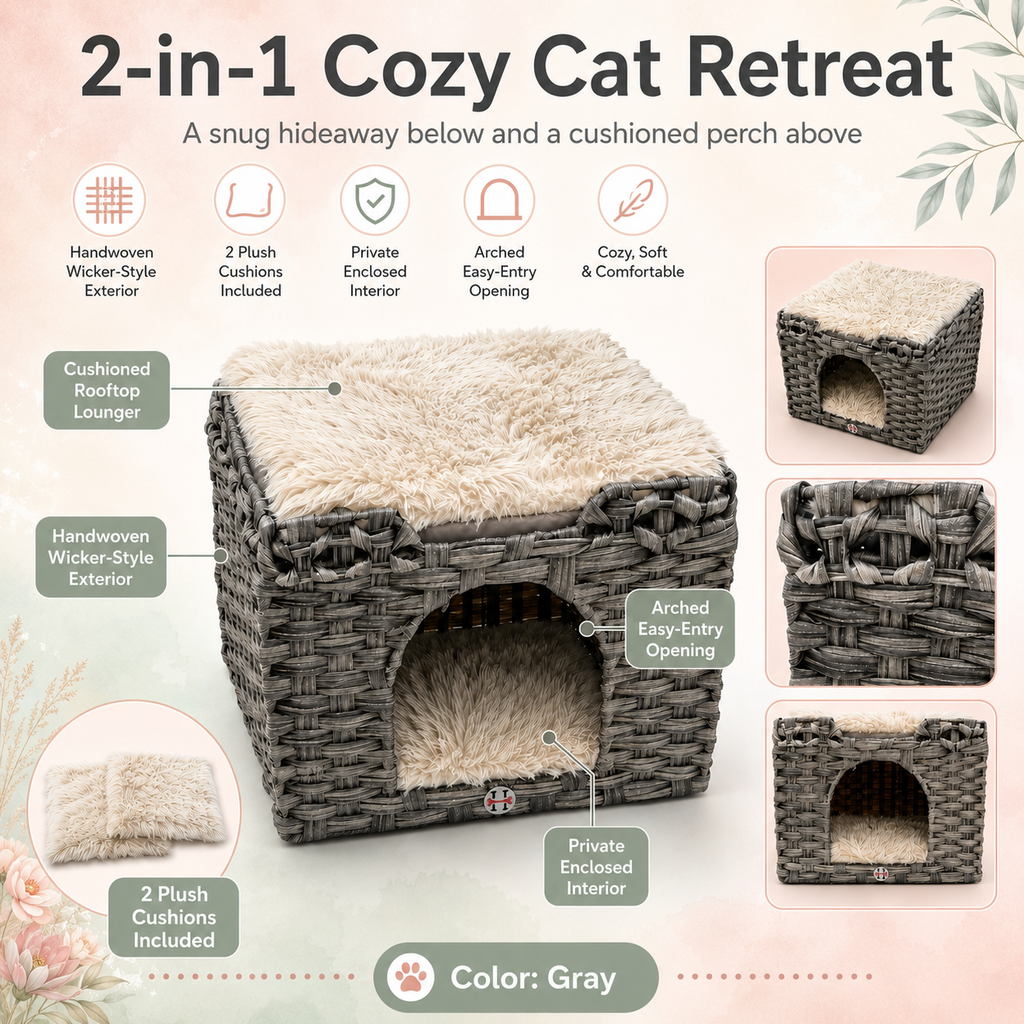 Handwoven Cat House with Cushioned Perch | Cozy Hideaway Den