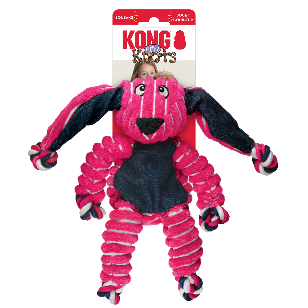 KONG Floppy Knots Bunny Dog Toy — Squeaky Plush with Knotted Rope