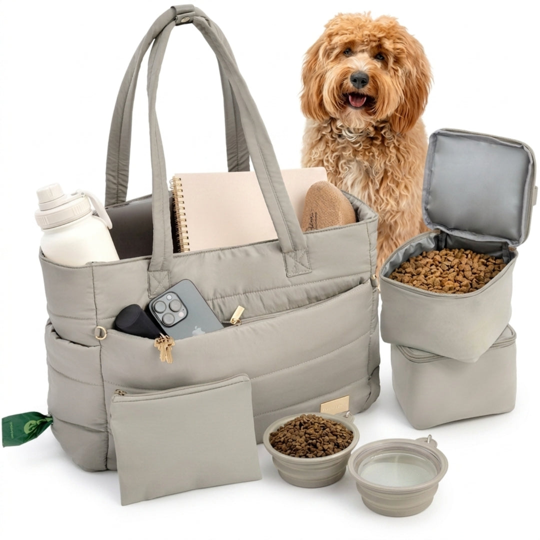 Puffer Dog Mom Travel Tote Bag | 9 Pockets, Bowls & Food Containers Included