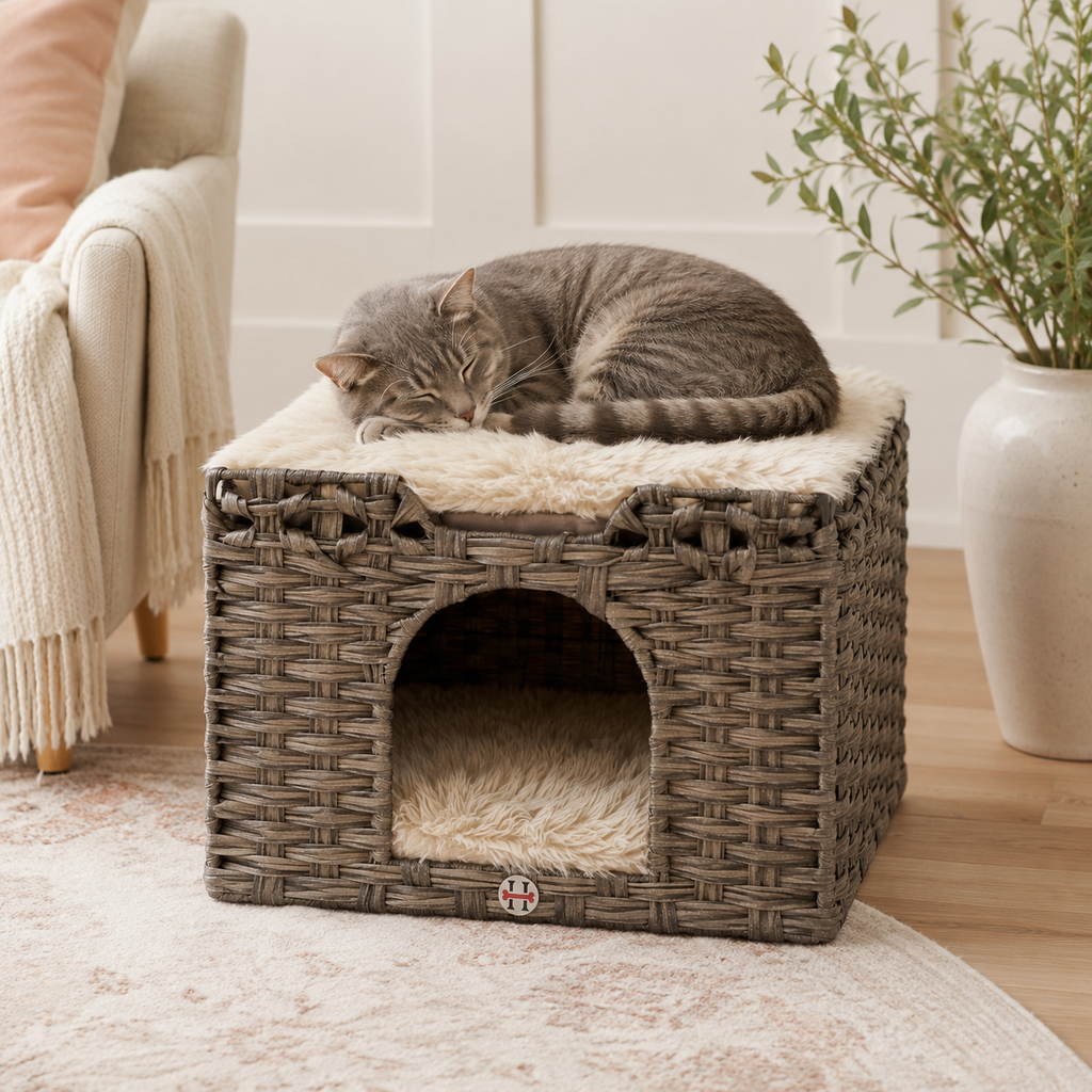 Handwoven Cat House with Cushioned Perch | Cozy Hideaway Den