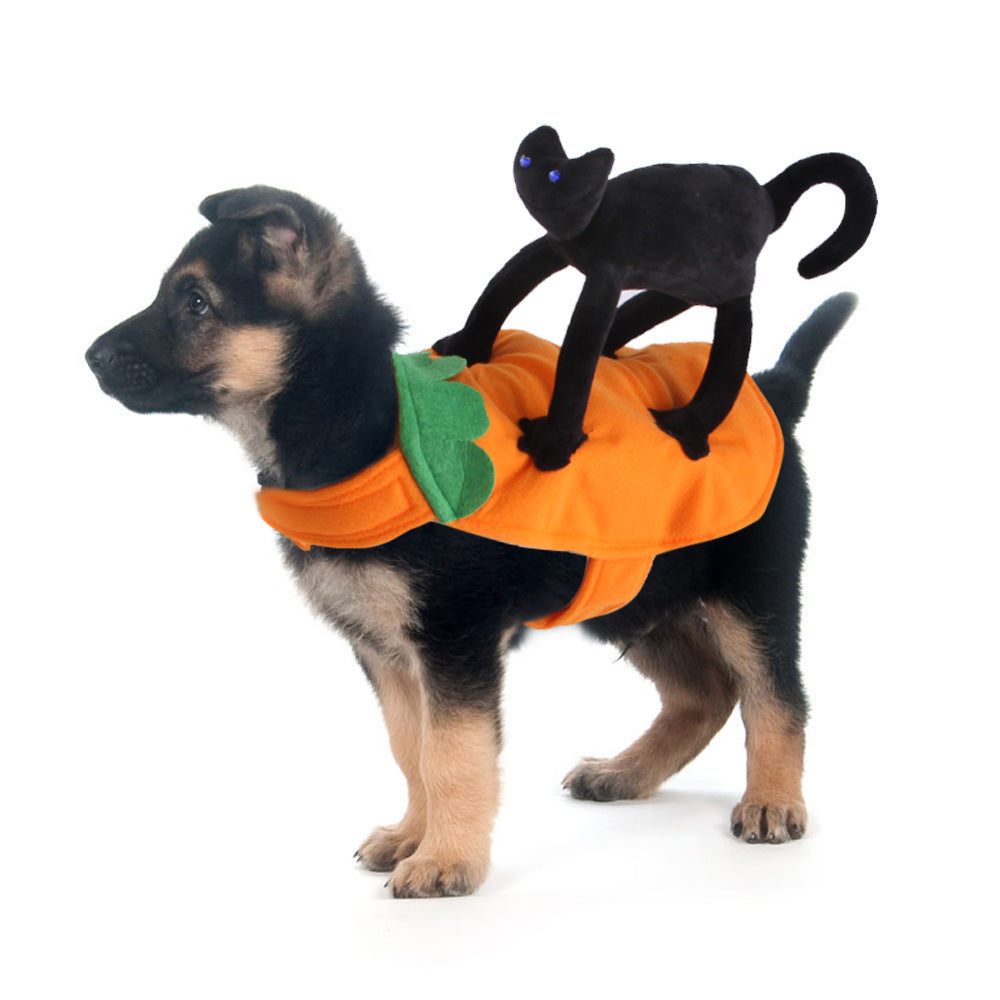 Dog Halloween Costume | Fleece Pumpkin Outfit with Plush Black Cat Rider | Sizes S–XL