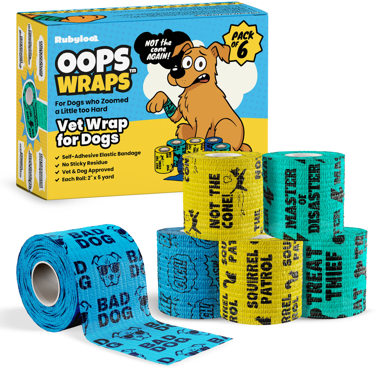 Oops Wraps™ | Non-Stick Dog Bandage Wrap | Funny Vet Wrap for Dogs | 6 & 12 Pack