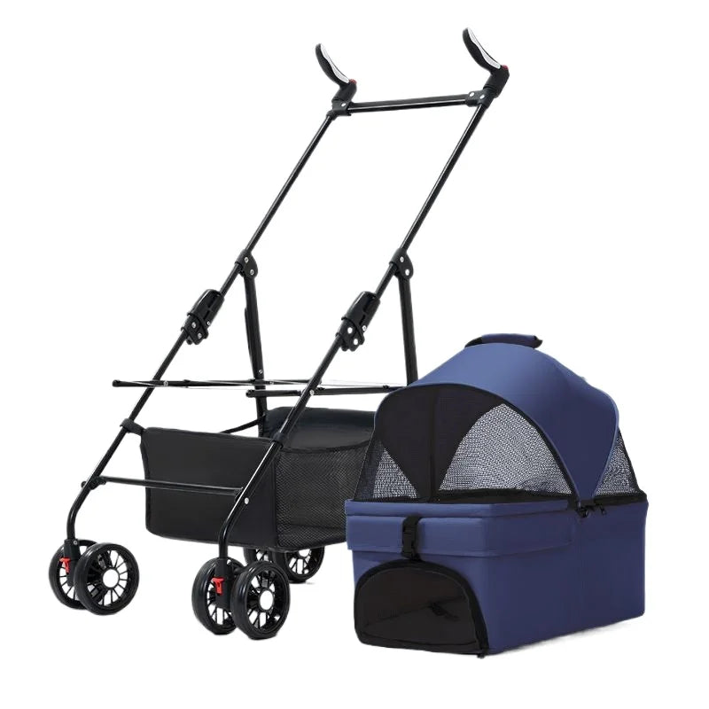 3-in-1 Folding Pet Stroller with Detachable Carrier | 4-Wheel | Breathable Mesh | Blue, Black, Pink & Gray