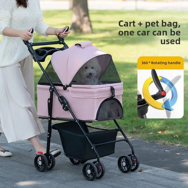 3-in-1 Folding Pet Stroller with Detachable Carrier | 4-Wheel | Breathable Mesh | Blue, Black, Pink & Gray