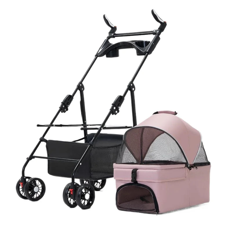 3-in-1 Folding Pet Stroller with Detachable Carrier | 4-Wheel | Breathable Mesh | Blue, Black, Pink & Gray