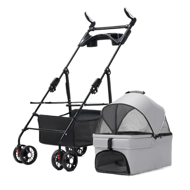 3-in-1 Folding Pet Stroller with Detachable Carrier | 4-Wheel | Breathable Mesh | Blue, Black, Pink & Gray