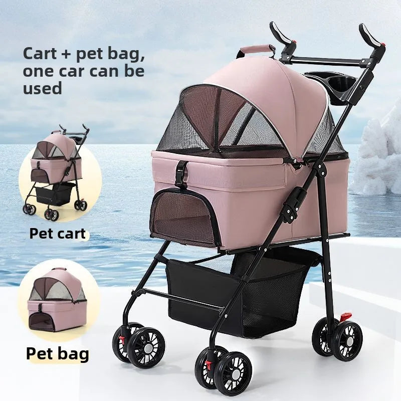 3-in-1 Folding Pet Stroller with Detachable Carrier | 4-Wheel | Breathable Mesh | Blue, Black, Pink & Gray