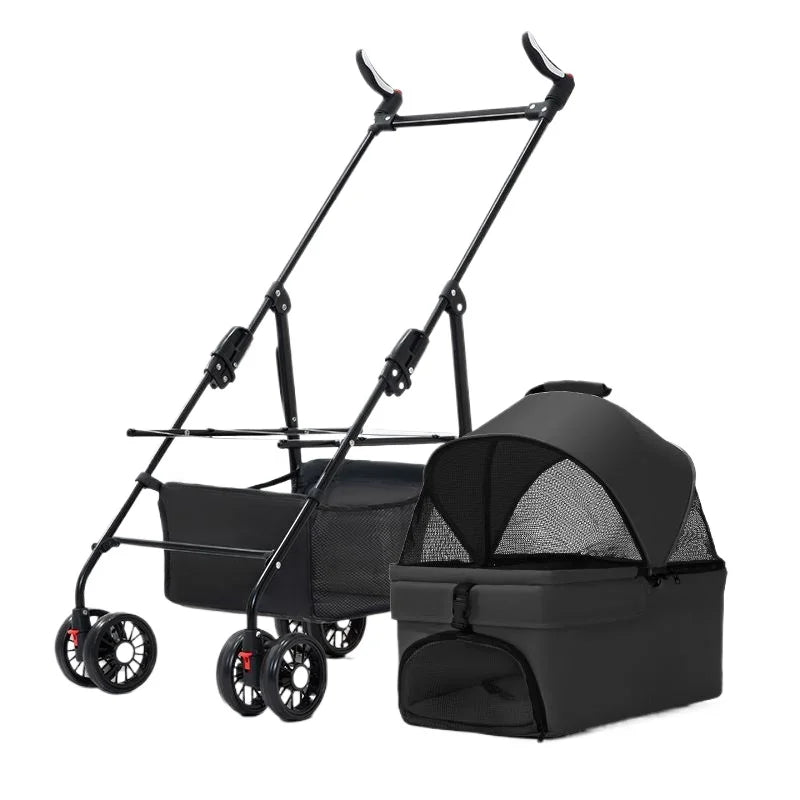 3-in-1 Folding Pet Stroller with Detachable Carrier | 4-Wheel | Breathable Mesh | Blue, Black, Pink & Gray