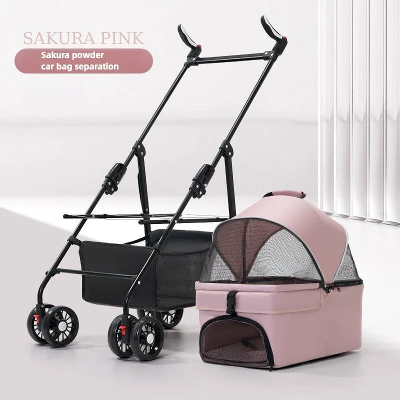 3-in-1 Folding Pet Stroller with Detachable Carrier | 4-Wheel | Breathable Mesh | Blue, Black, Pink & Gray