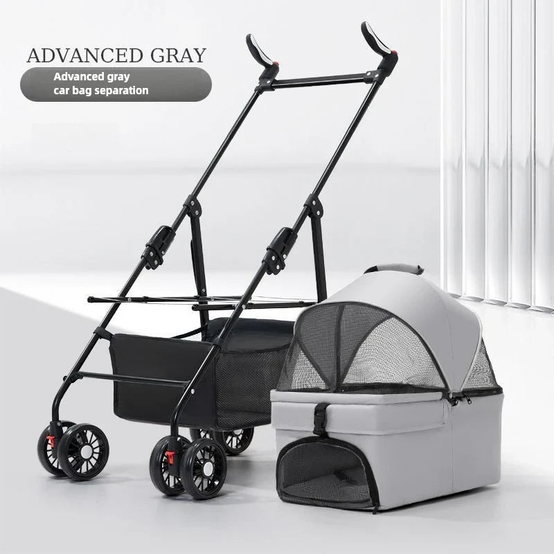 3-in-1 Folding Pet Stroller with Detachable Carrier | 4-Wheel | Breathable Mesh | Blue, Black, Pink & Gray