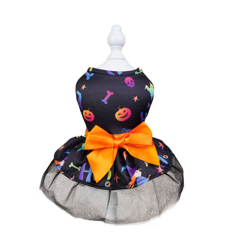 Halloween Tutu Cape Dress for Dogs — Bow & Mesh Skirt | Colorful or Skull Print