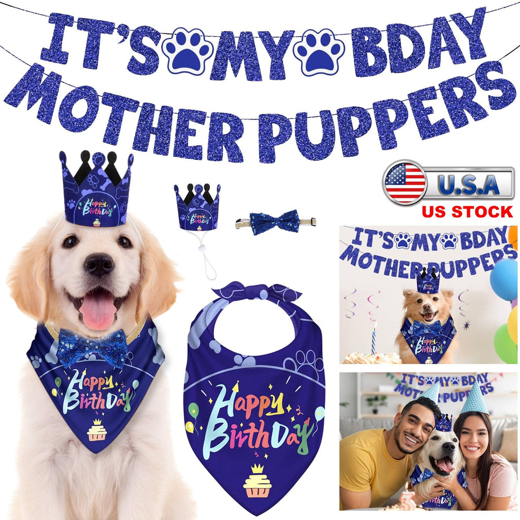 Dog Birthday Bandana Hat Set Dog Birthday Party Supplies Cute Dog Birthday Banner Decoration with Hat Bandana Bowtie