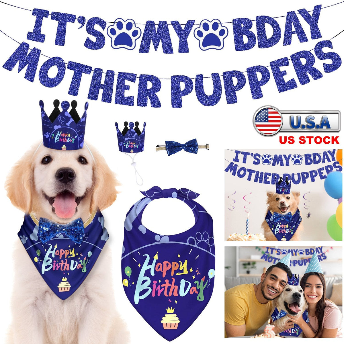 Dog Birthday Bandana Hat Set Dog Birthday Party Supplies Cute Dog Birthday Banner Decoration with Hat Bandana Bowtie