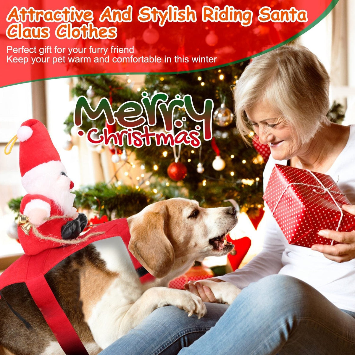 Santa Riding Pet Christmas Costume | Festive Red Coat with Bell | Dogs & Cats
