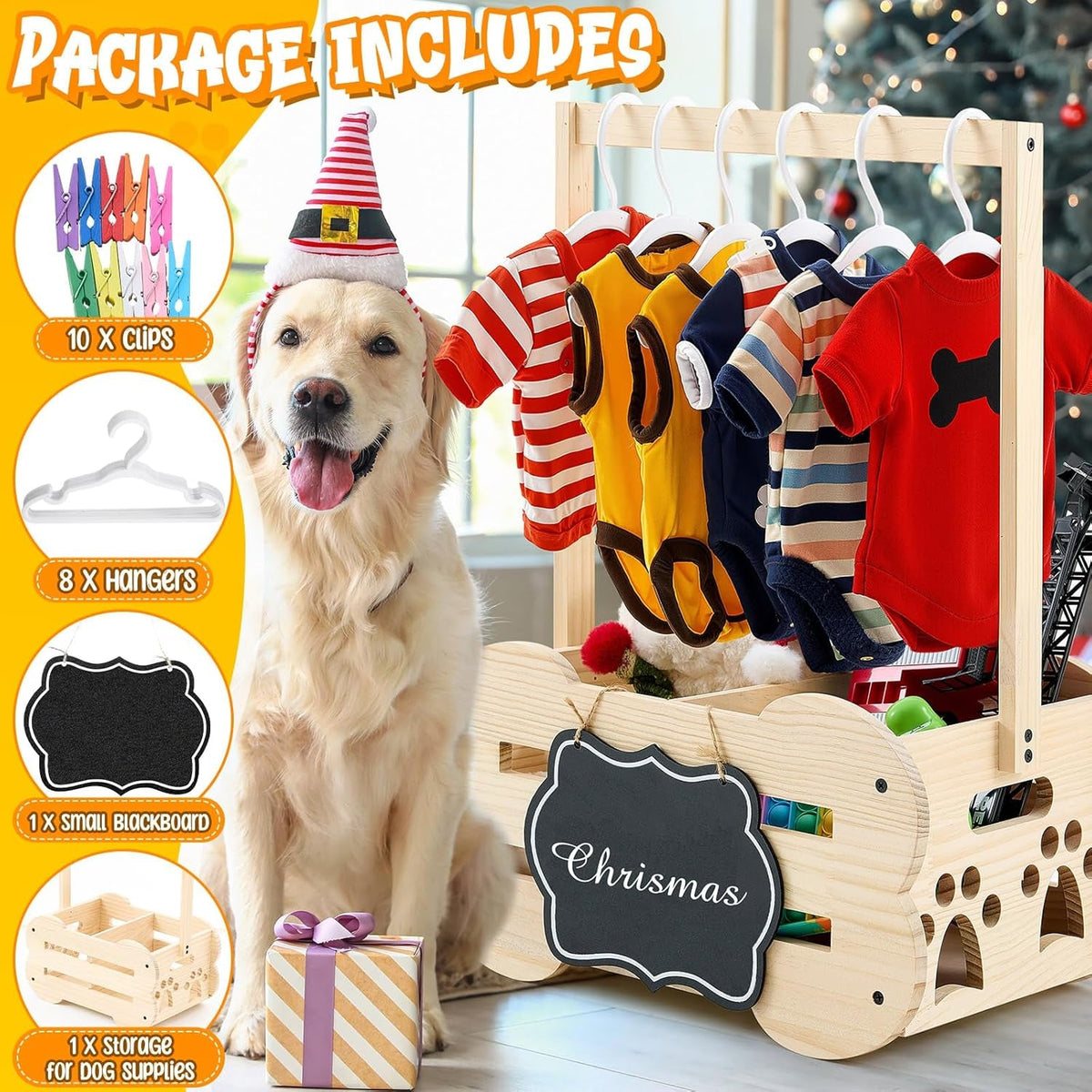 Pet Wardrobe & Toy Storage Organizer | Wooden Bone-Shaped Closet with Hangers