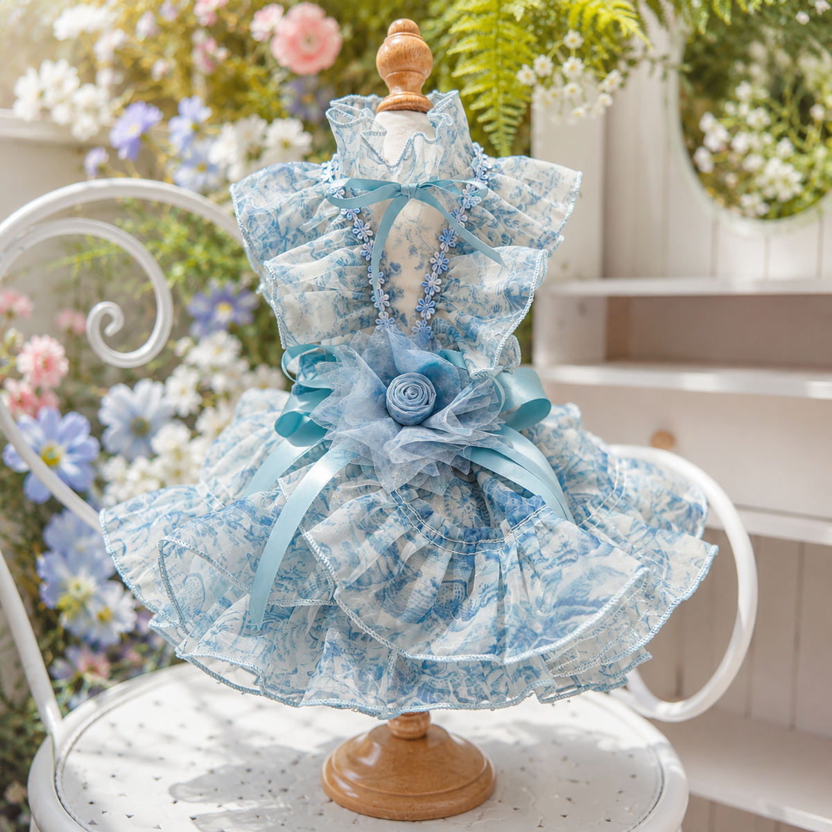 Blue Floral Pet Wedding Dress | Detachable Train | Sizes XS–XL + Custom