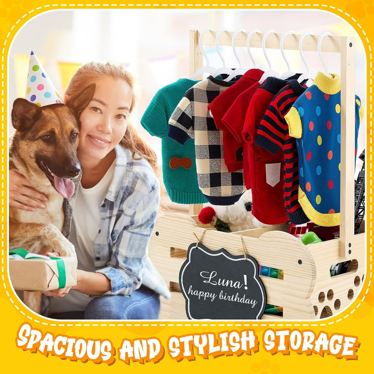 Pet Wardrobe & Toy Storage Organizer | Wooden Bone-Shaped Closet with Hangers