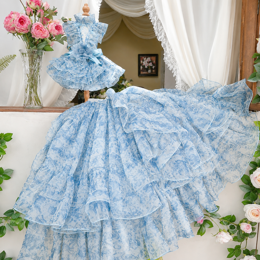 Blue Floral Pet Wedding Dress | Detachable Train | Sizes XS–XL + Custom