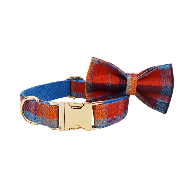 Midnight Copper Plaid Dog Matching Set – Engravable Collar, Harness, Leash & Bowtie