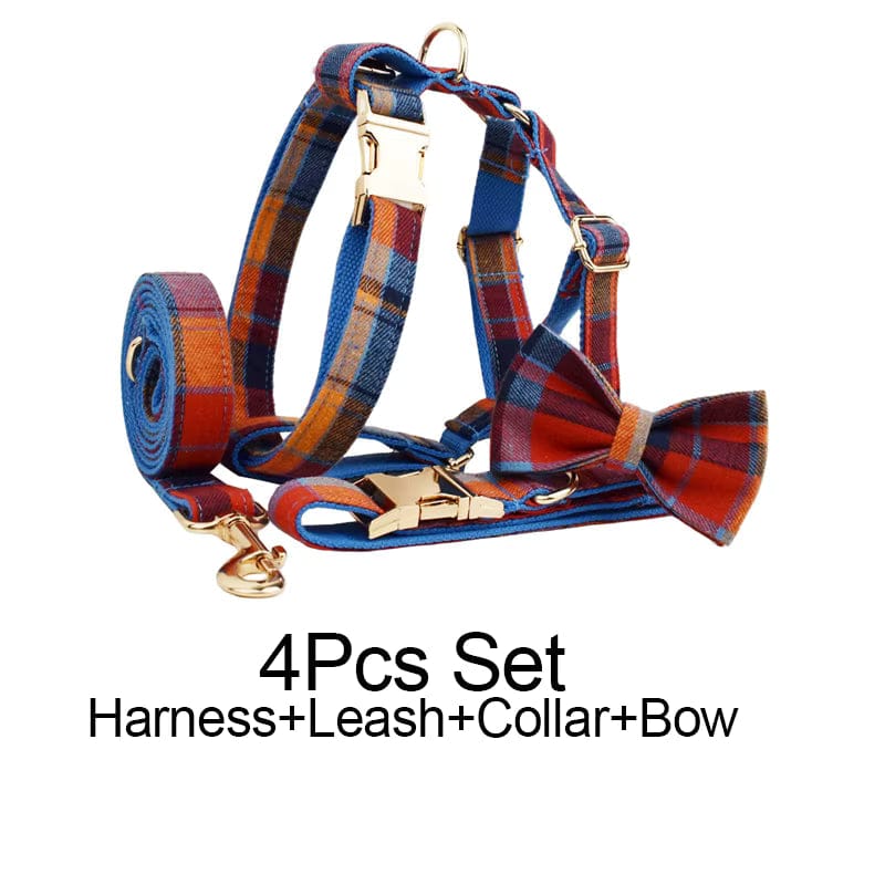 Midnight Copper Plaid Dog Matching Set – Engravable Collar, Harness, Leash & Bowtie