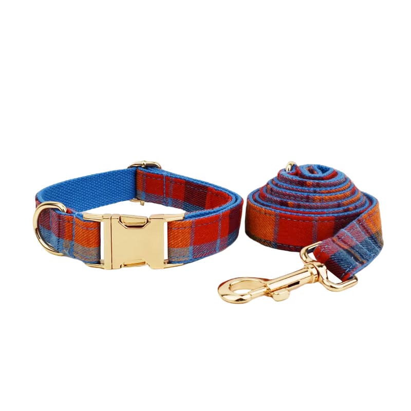 Midnight Copper Plaid Dog Matching Set – Engravable Collar, Harness, Leash & Bowtie