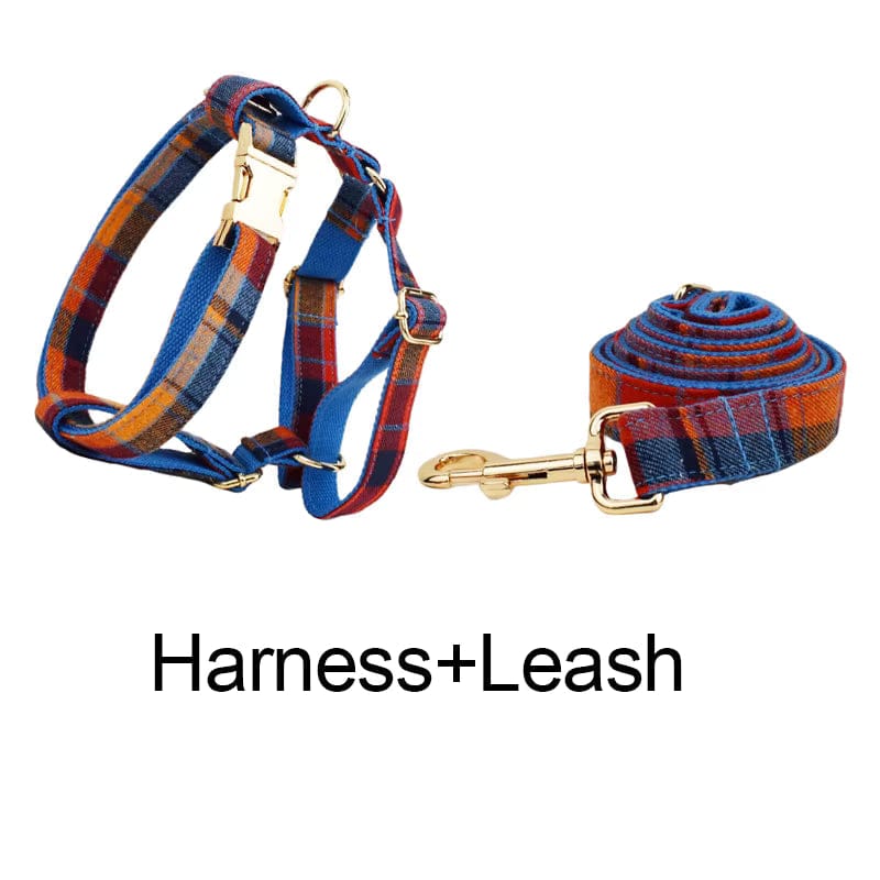 Midnight Copper Plaid Dog Matching Set – Engravable Collar, Harness, Leash & Bowtie