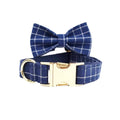 Engravable Navy Plaid Dog Matching Set | Collar, Harness, Leash & Bowtie
