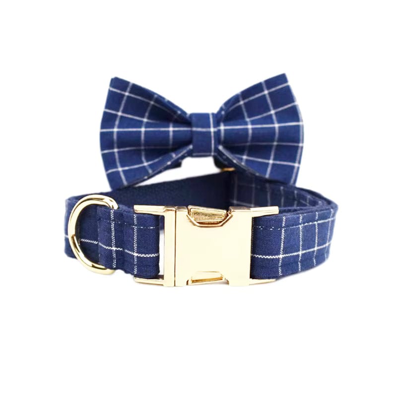 Engravable Navy Plaid Dog Matching Set | Collar, Harness, Leash & Bowtie