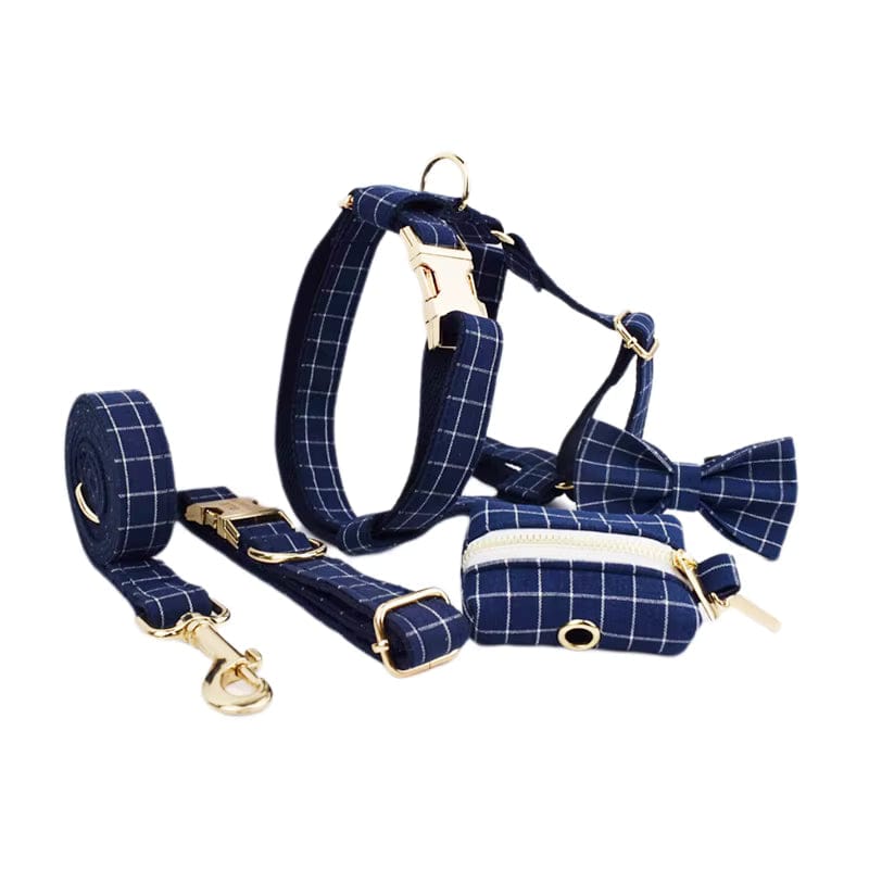 Engravable Navy Plaid Dog Matching Set | Collar, Harness, Leash & Bowtie