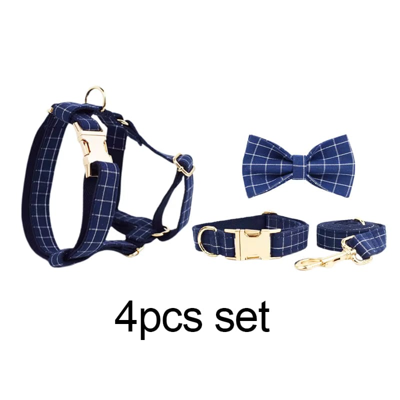 Engravable Navy Plaid Dog Matching Set | Collar, Harness, Leash & Bowtie