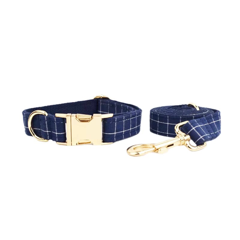 Engravable Navy Plaid Dog Matching Set | Collar, Harness, Leash & Bowtie