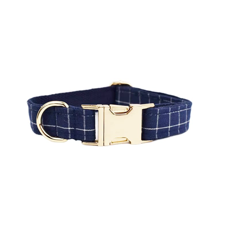 Engravable Navy Plaid Dog Matching Set | Collar, Harness, Leash & Bowtie