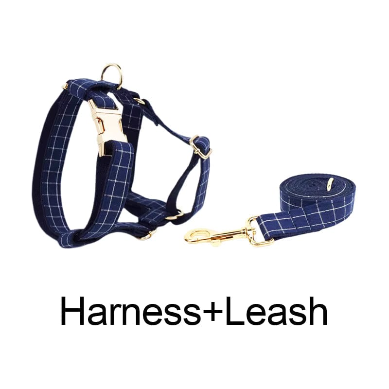 Engravable Navy Plaid Dog Matching Set | Collar, Harness, Leash & Bowtie