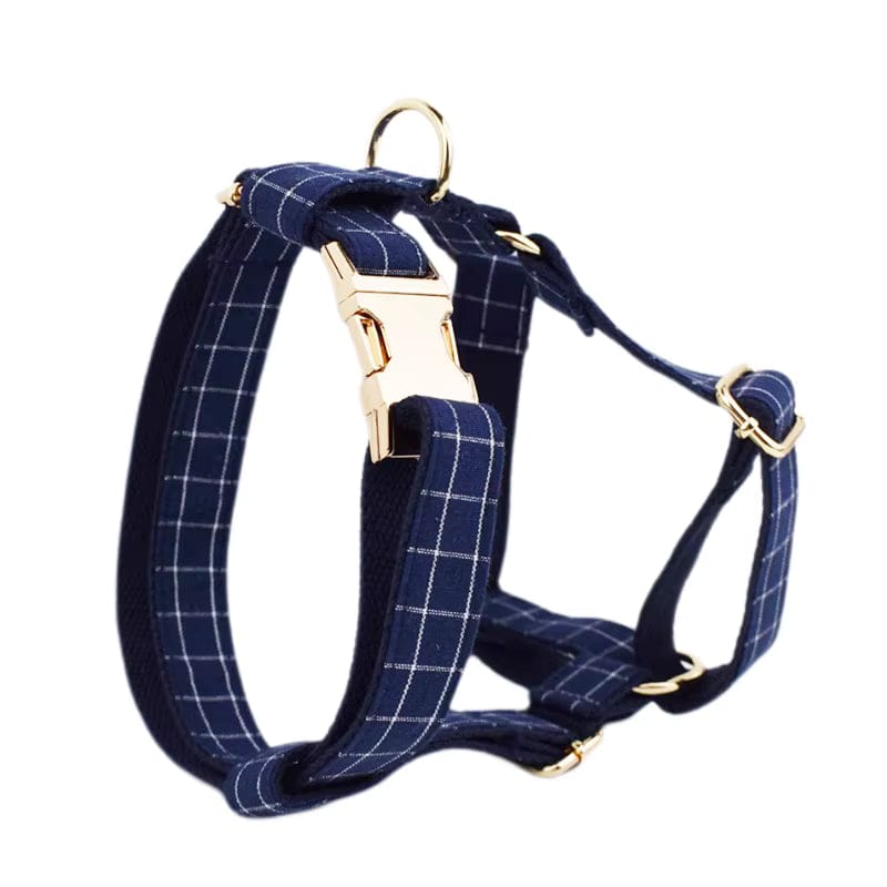Engravable Navy Plaid Dog Matching Set | Collar, Harness, Leash & Bowtie