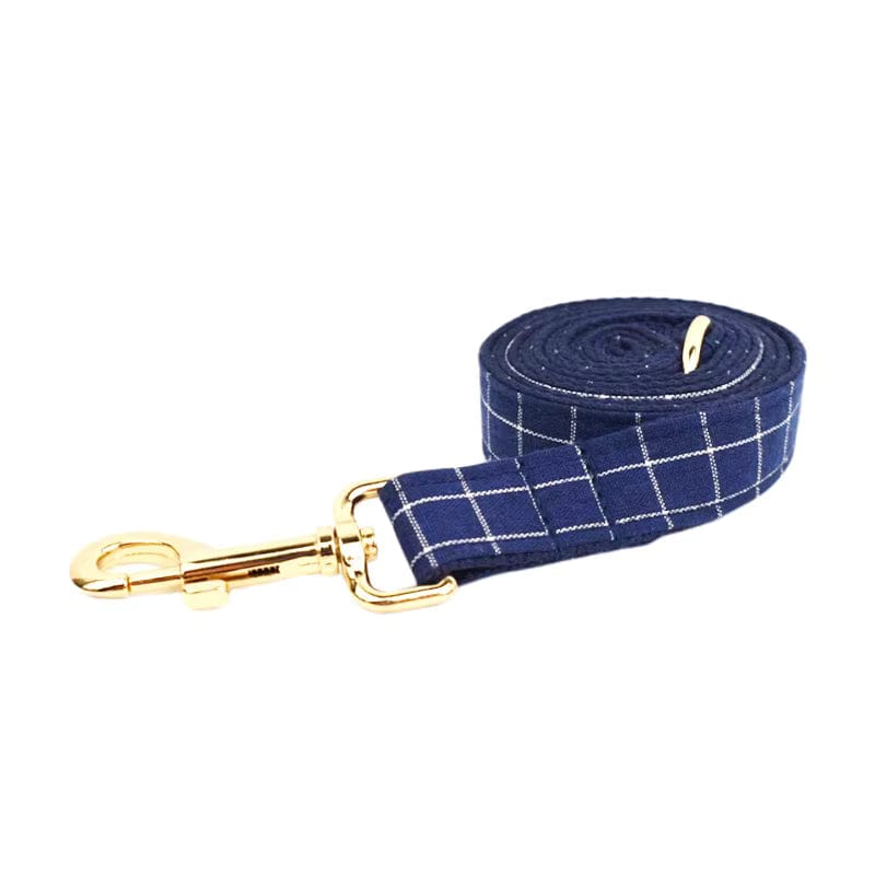 Engravable Navy Plaid Dog Matching Set | Collar, Harness, Leash & Bowtie