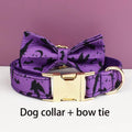 Personalized Bat Print Dog Collar, Harness & Leash Set — Violet & Gold