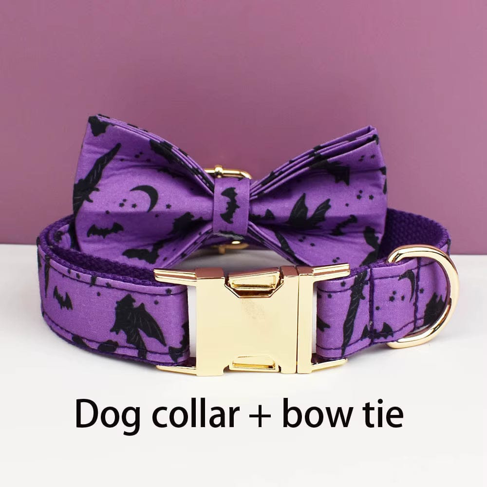 Personalized Bat Print Dog Collar, Harness & Leash Set — Violet & Gold