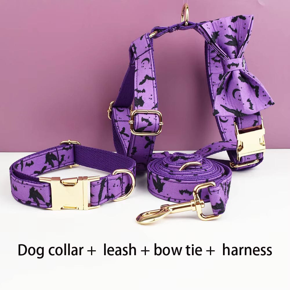 Personalized Bat Print Dog Collar, Harness & Leash Set — Violet & Gold