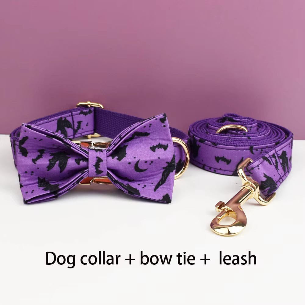 Personalized Bat Print Dog Collar, Harness & Leash Set — Violet & Gold