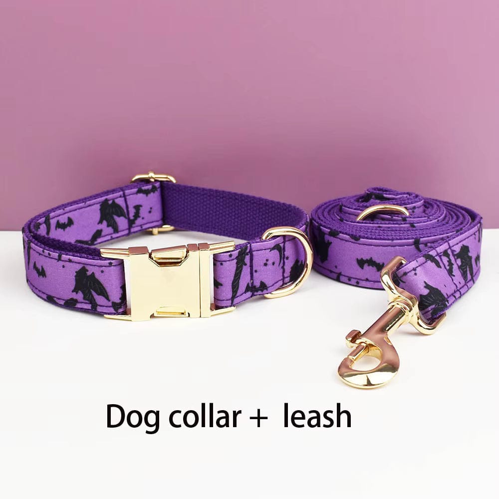 Personalized Bat Print Dog Collar, Harness & Leash Set — Violet & Gold