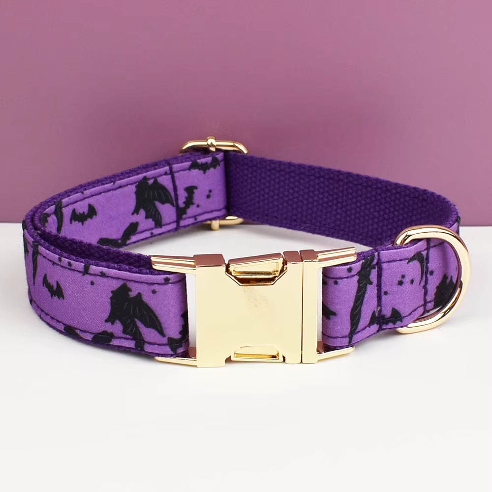 Personalized Bat Print Dog Collar, Harness & Leash Set — Violet & Gold