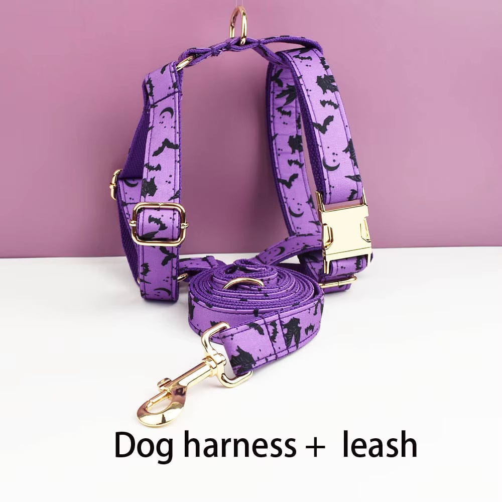 Personalized Bat Print Dog Collar, Harness & Leash Set — Violet & Gold