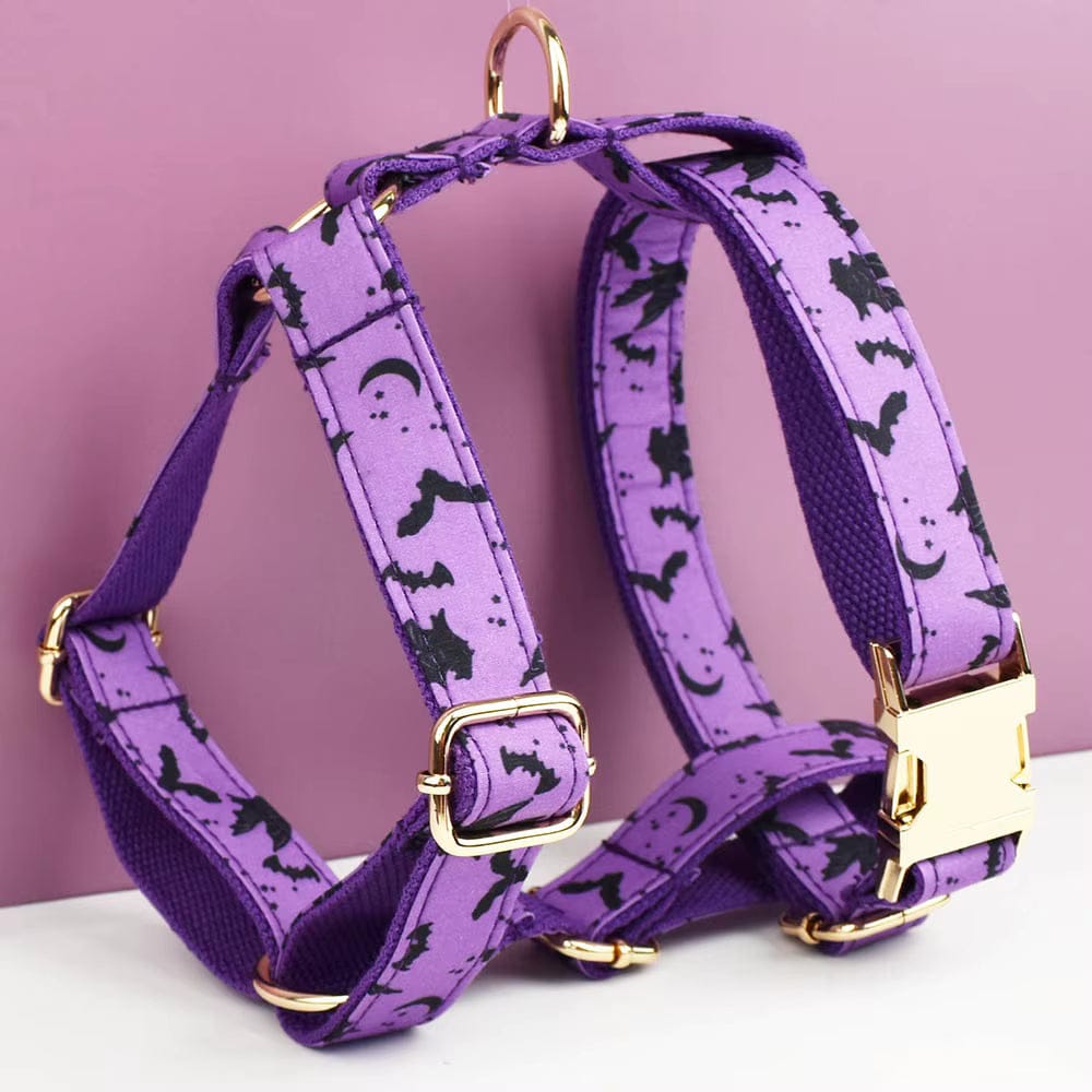 Personalized Bat Print Dog Collar, Harness & Leash Set — Violet & Gold
