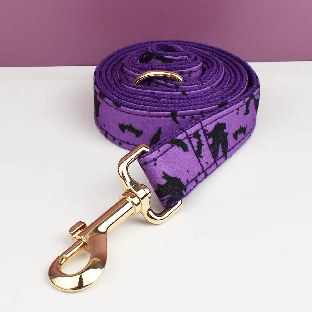 Personalized Bat Print Dog Collar, Harness & Leash Set — Violet & Gold