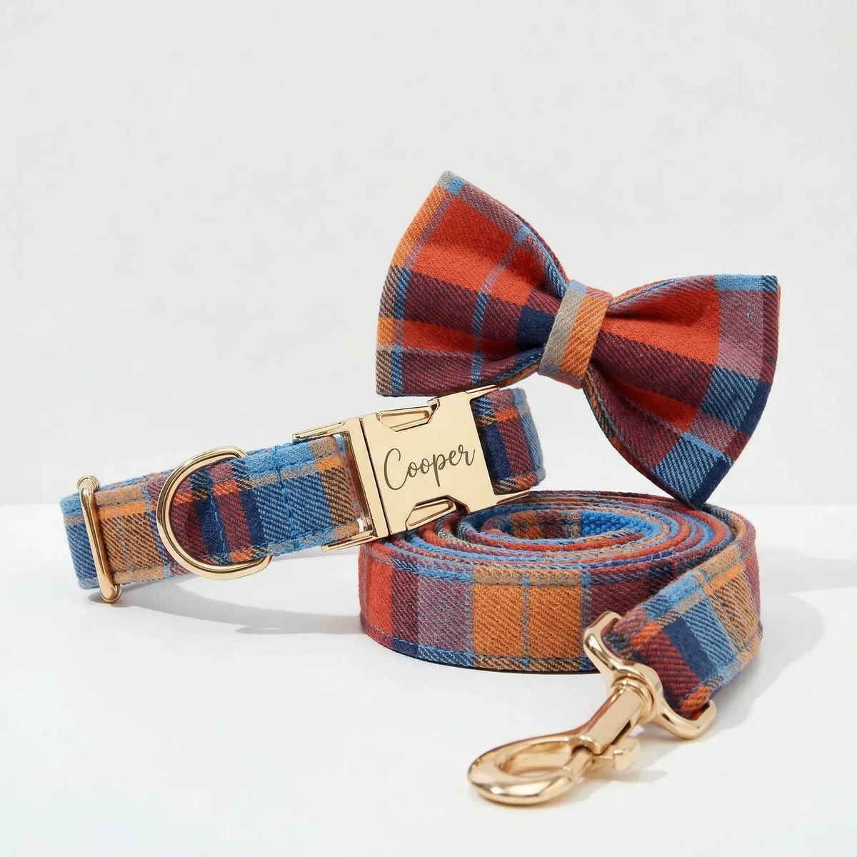 Midnight Copper Plaid Dog Matching Set – Engravable Collar, Harness, Leash & Bowtie