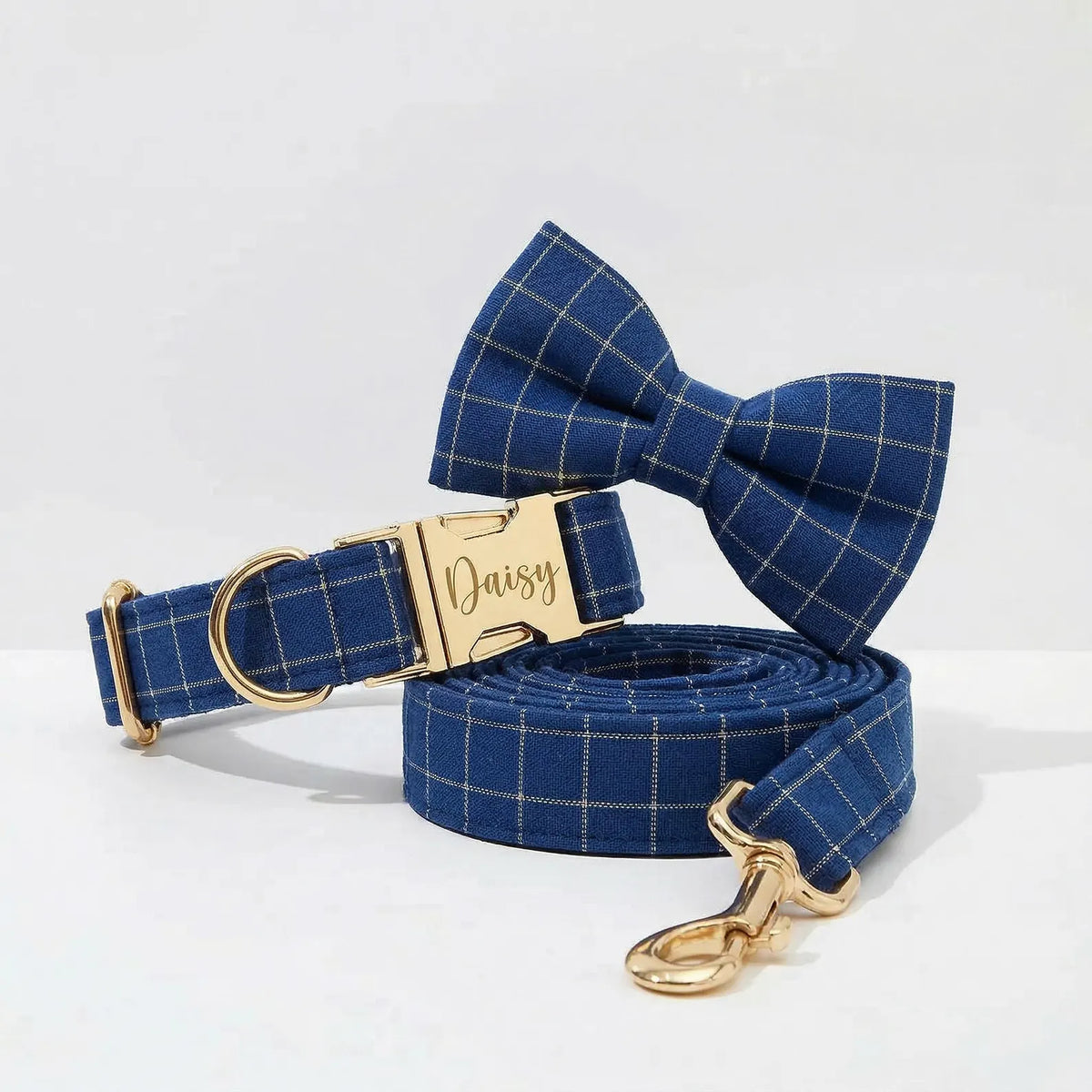 Engravable Navy Plaid Dog Matching Set | Collar, Harness, Leash & Bowtie